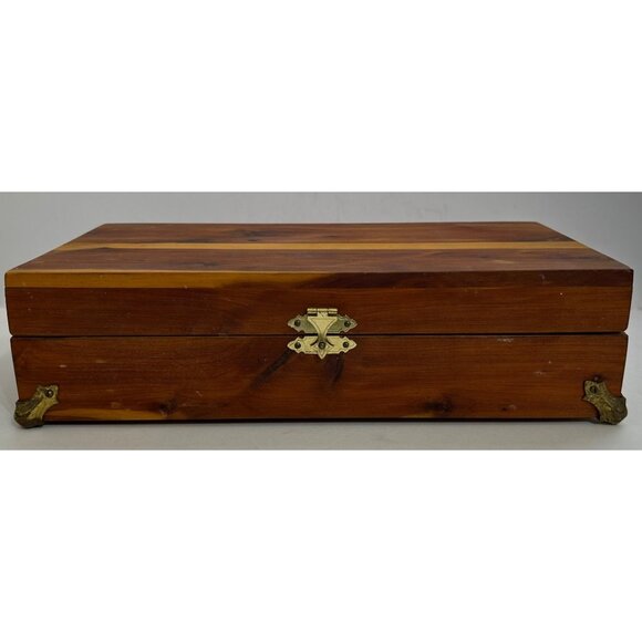 Unknown Other - Vintage Wooden Cedar Jewelry Trinket Storage Box Metal Hinges & Feet 11.25"x3"